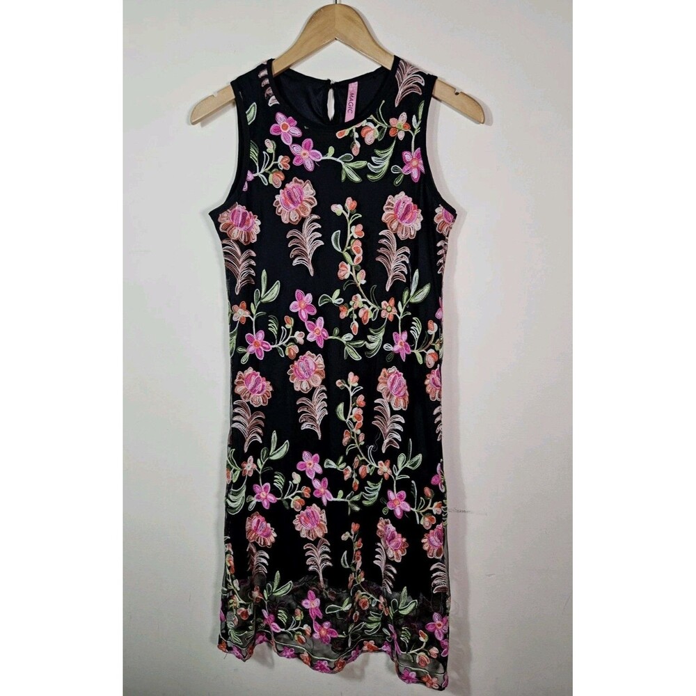 Magic Boho Dress Sz M Black Embroidered Colorful Floral Feminine Maximialist